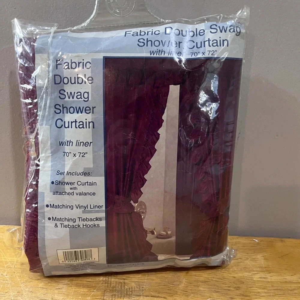 Vtg Style Burgundy Fabric Double Swag Shower Curtain Set Valance Liner 70x72